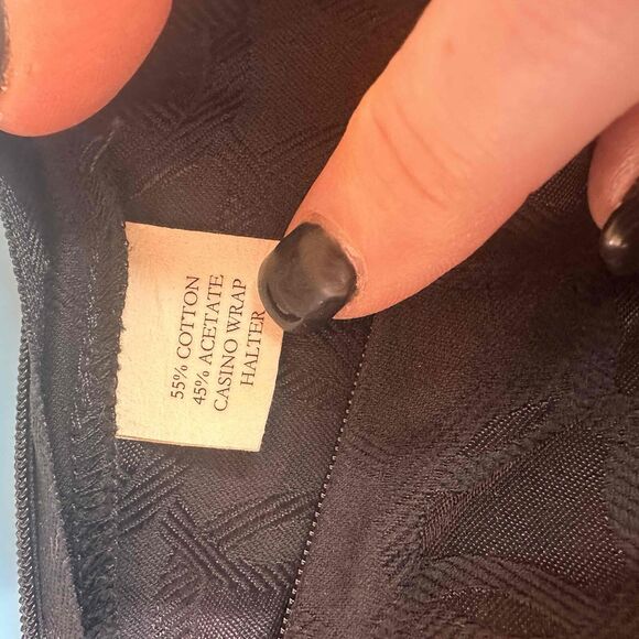 Chaiken Dark Navy Short Puff Sleeves Patterned Casino Wrap Halter Top Size 6 - Picture 8 of 9